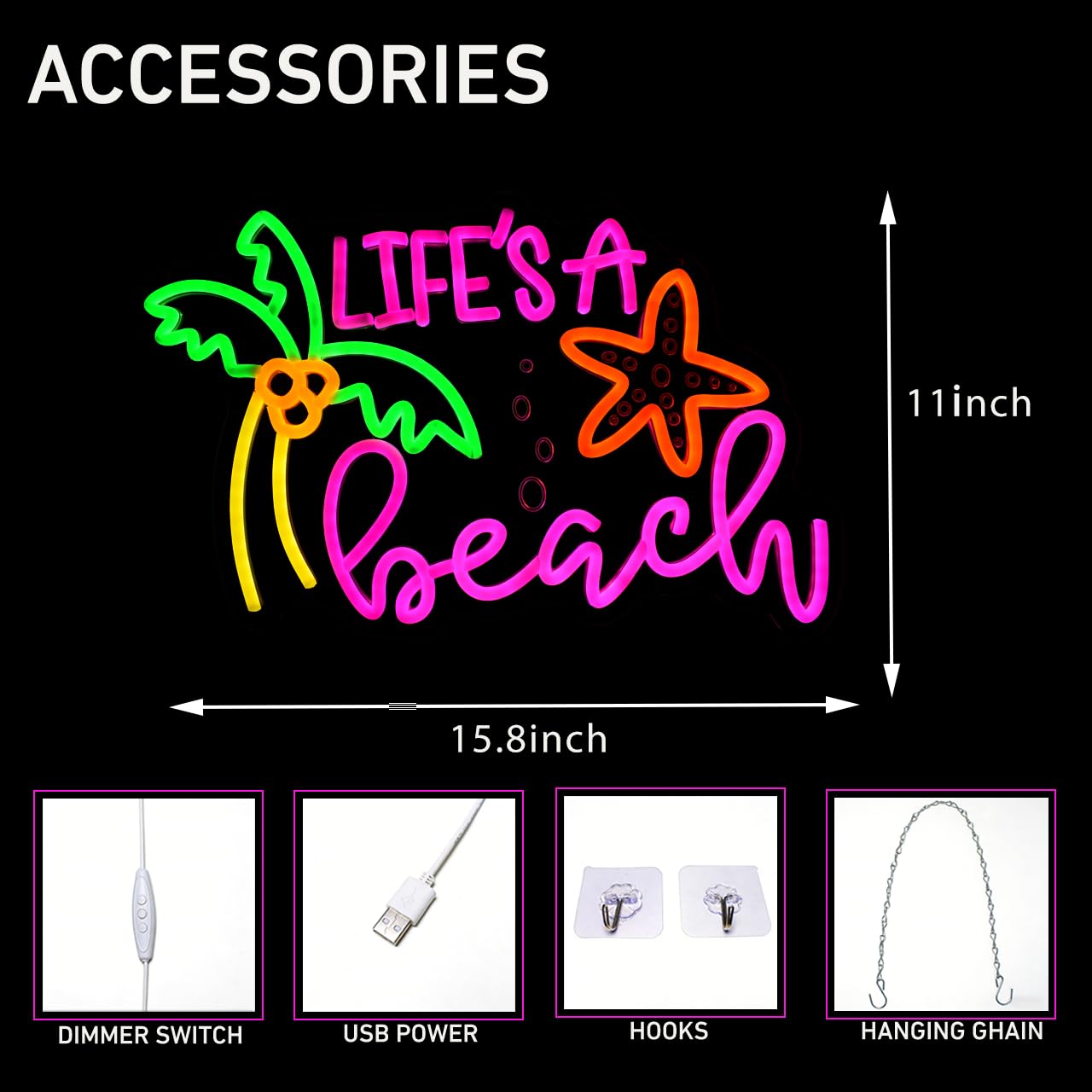 GYCLFNDDONG Life's A Beach Neon Sign Coconut Tree LED Wall Light with Dimmer Switch for Bedroom Home Tiki Bar Decor, Summer Tropical Palm Tree Neon Light for Kids Room Beach Party Gifts