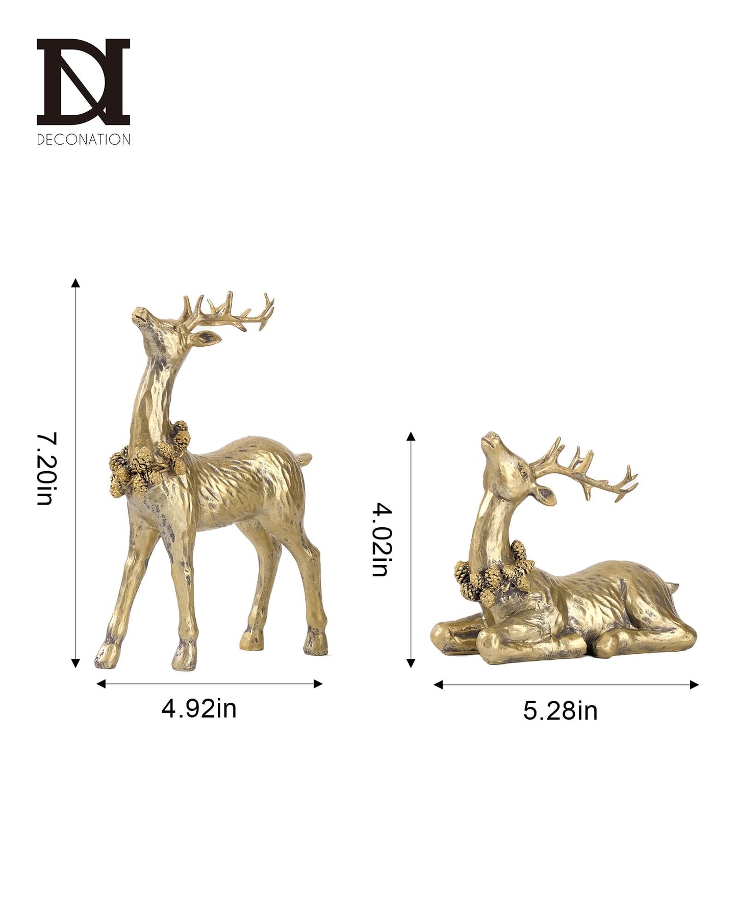 DN DECONATION 2pcs Gold Christmas Reindeer Figurines, Tabletop Reindeer Christmas Decor Indoor, Small Resin Xmas Brass Deer Decorations for Home Mantel Decor