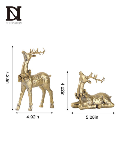 DN DECONATION 2pcs Gold Christmas Reindeer Figurines, Tabletop Reindeer Christmas Decor Indoor, Small Resin Xmas Brass Deer Decorations for Home Mantel Decor
