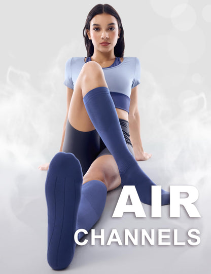 FITRELL 3 Pairs Compression Socks for Women and Men 20-30mmHg- Muscle Support Socks for Travel, Running, Nurse, Knee High, Black+Light Blue+Dark Blue L/XL