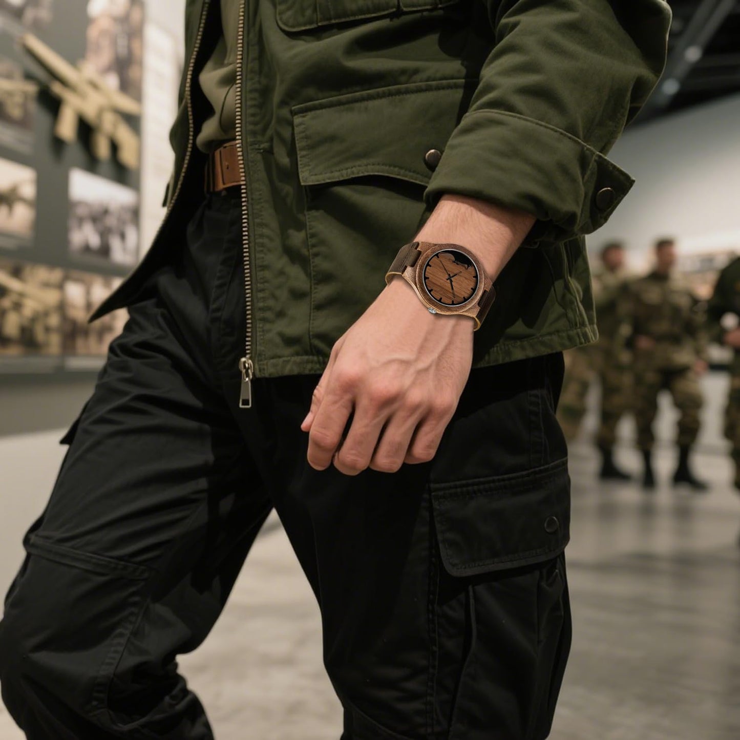 Timever Wooden Watches for Men Handmade Unique Design with Leather Strap, Analog Quartz Mens Watch, Gift for Men