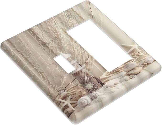 Nautical Coastal 2 Gang Light Switch Covers Seashell Fishing Net Ocean Lighthouse Starfish Single Toggle Rocker Combo Wall Plate Electrical Faceplate Decorative Switchplate Beach Theme Decor