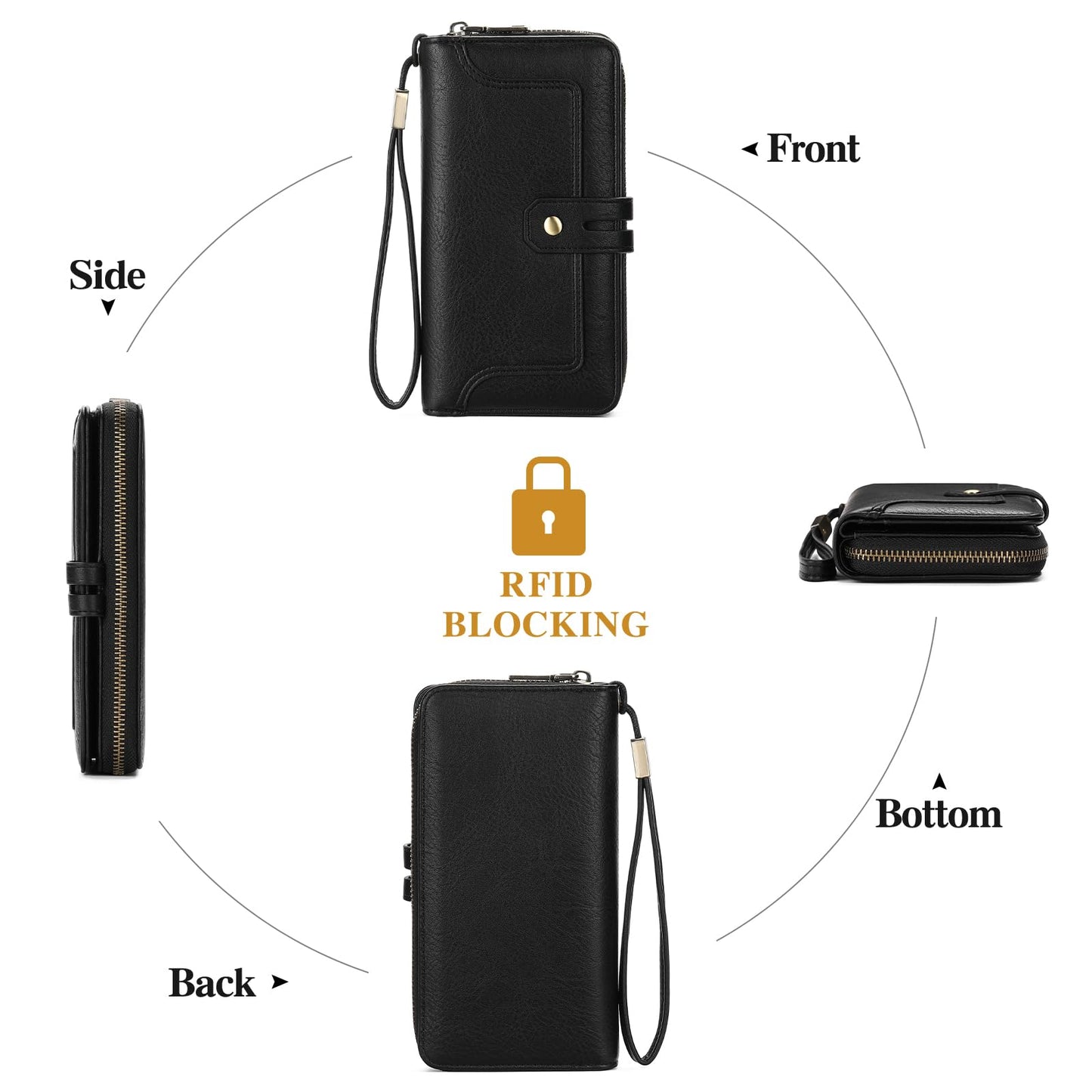 GOIACII Wristlet Wallets for Women Large Capacity RFID Blocking Ladies Phone Clutch Card Holder Black