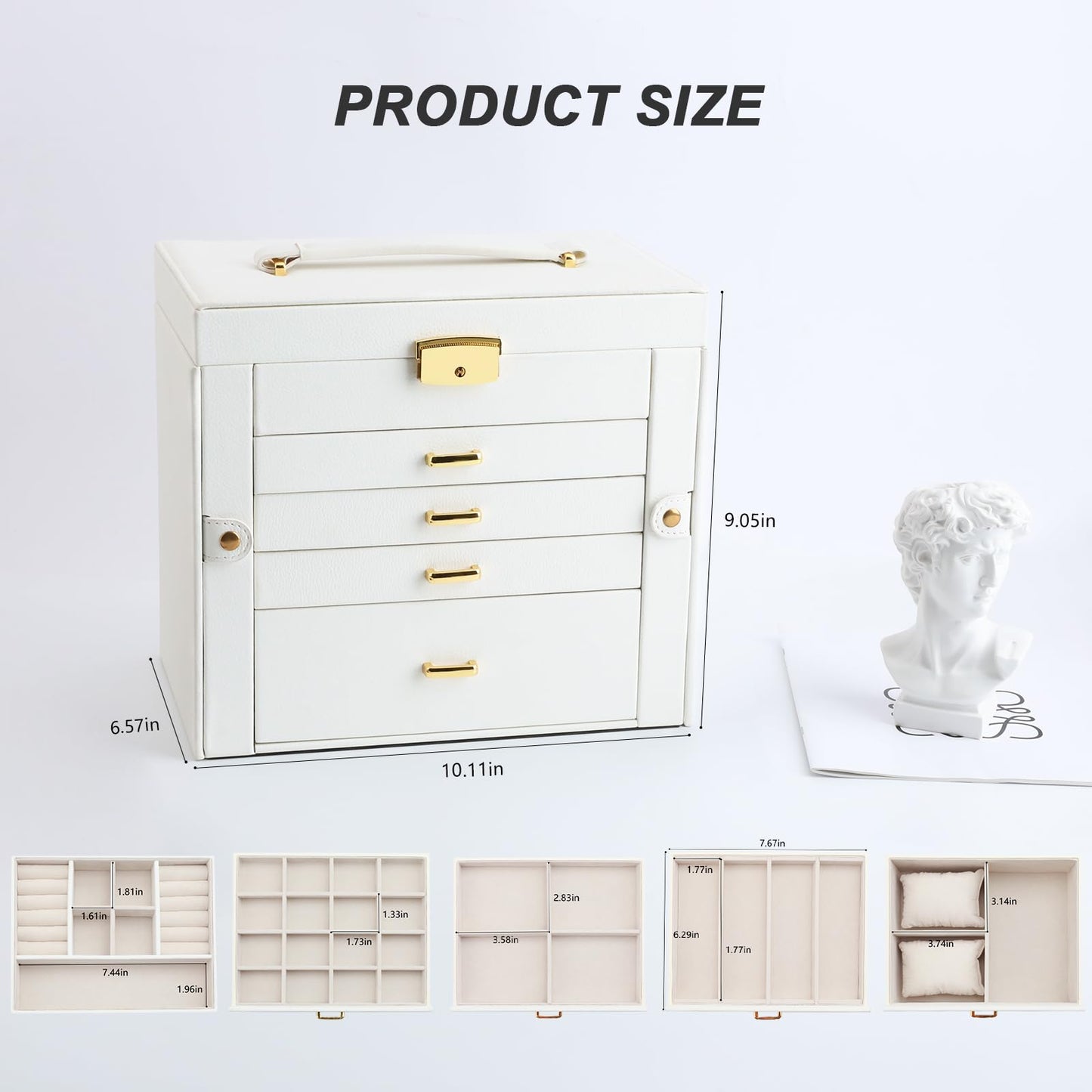 V-LAFUY Jewelry Holder Organizer, Large Jewelry Boxes for Women, 5 Layers 4 Drawers Jewelry Box with Handle Jewelry Organizer for Earrings Rings Necklaces Bracelets, White