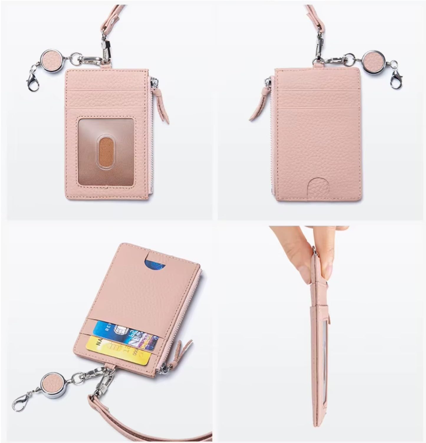 Genuine Real Leather ID Badge Holder with Lanyard & Retractable Reel, Card Holder Silver Metal Hardware Swivel Hook (Light Blue)