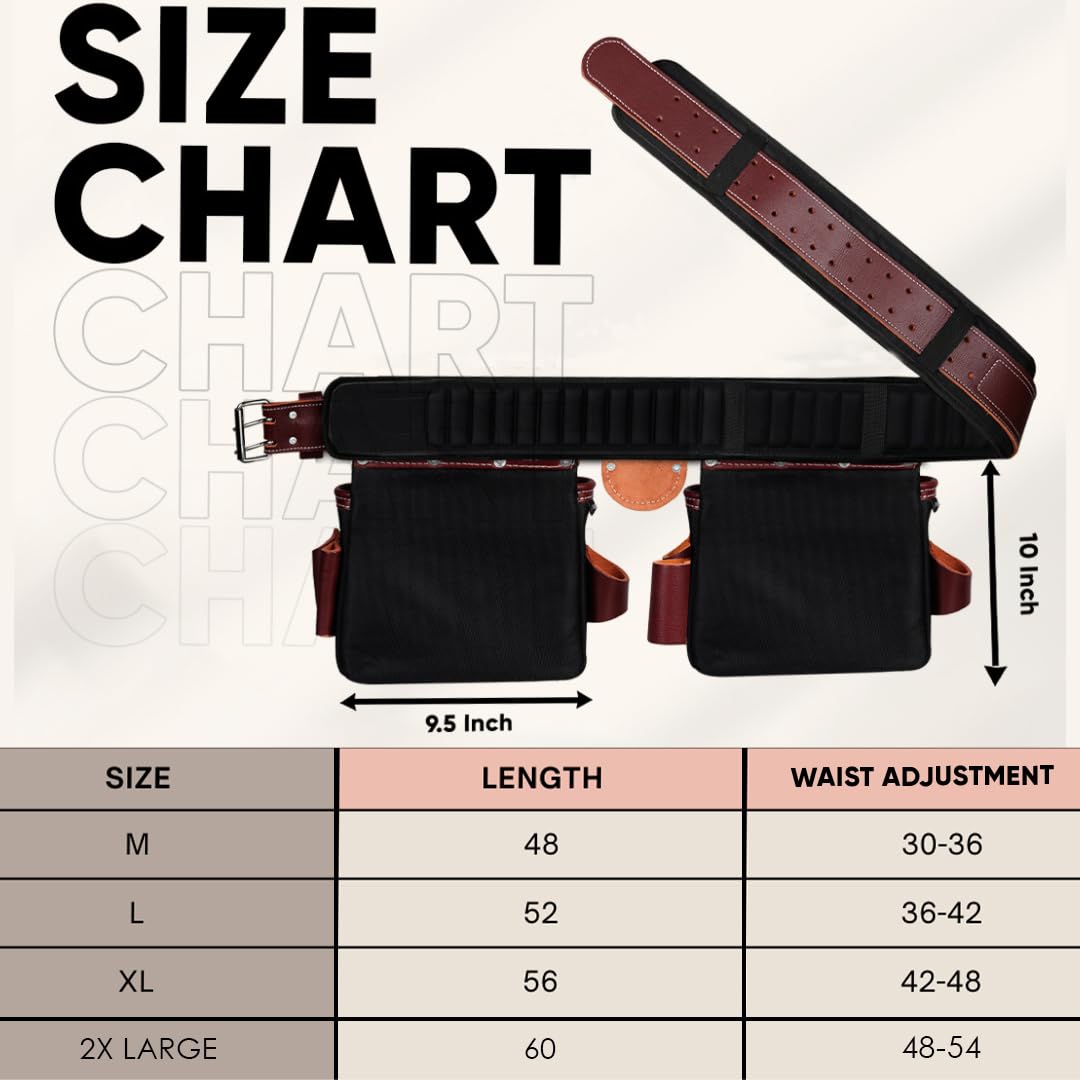 FUERI Electrician's Heavy Duty 26 Pocket Leather-Nylon Tool Belt & Suspender Combo, Comfort Back Support Padded Belt, 2 Large Storage Capacity Pouches, Best for Framers, Carpenter, Roofing