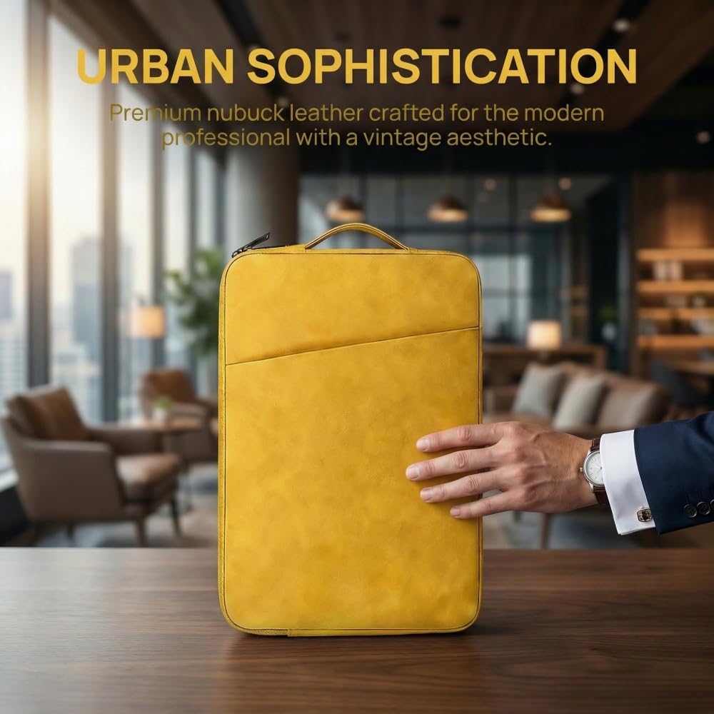 PU Leather Laptop Sleeve 14 inch, Slim Laptop Carrying Case Bag Computer Sleeve Cover Compatible with MacBook Air/Pro, HP, Dell, Lenovo, Asus(Yellow)