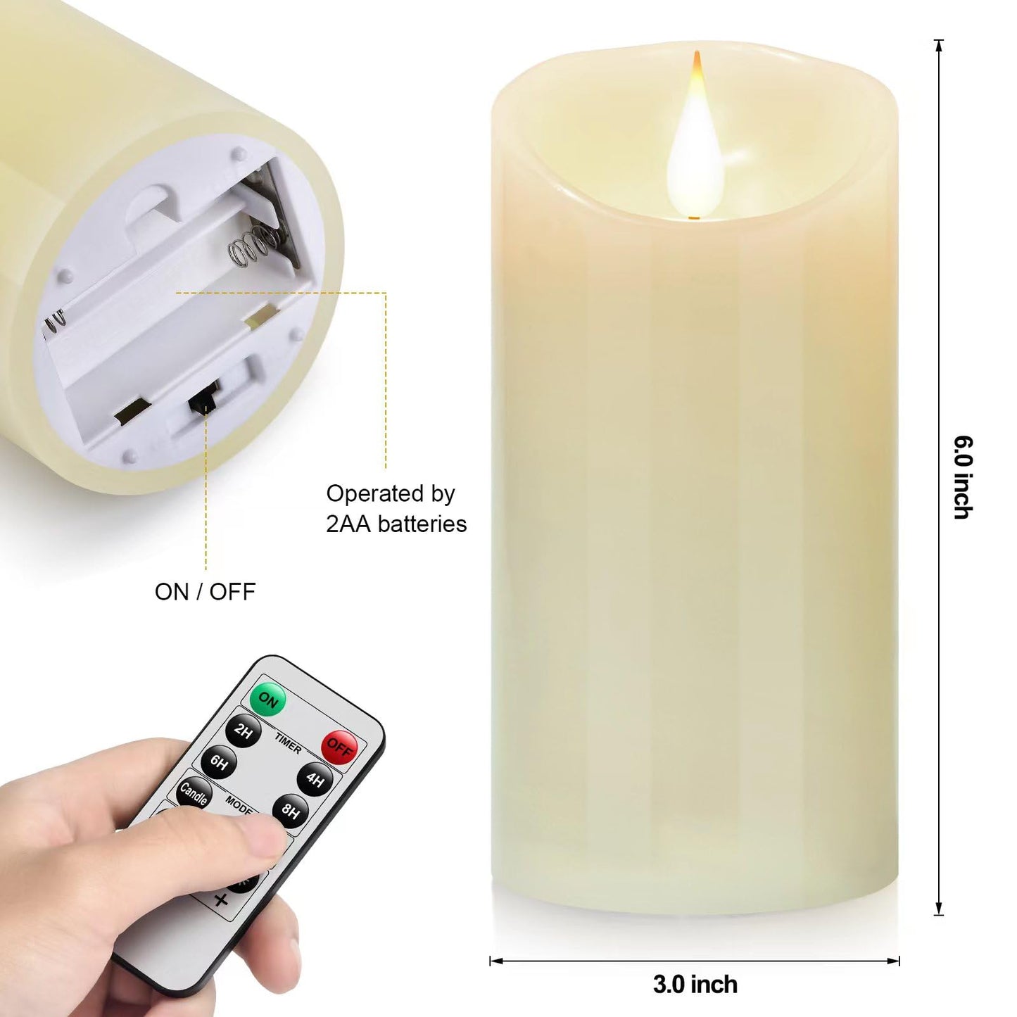Nancia Flameless Battery Operated Flicking Candles:Remote Control Realistic Wax Pillar LED Candle with 10-Key Cycling 24 Hours Timer 2PACK(D3*H6'') for Home Decoration Wedding Birthday Party Ivory