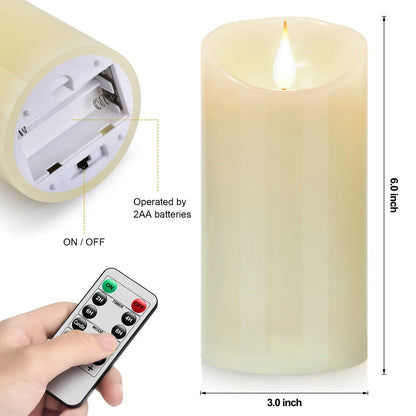 Nancia Flameless Battery Operated Flicking Candles:Remote Control Realistic Wax Pillar LED Candle with 10-Key Cycling 24 Hours Timer 2PACK(D3*H6'') for Home Decoration Wedding Birthday Party Ivory