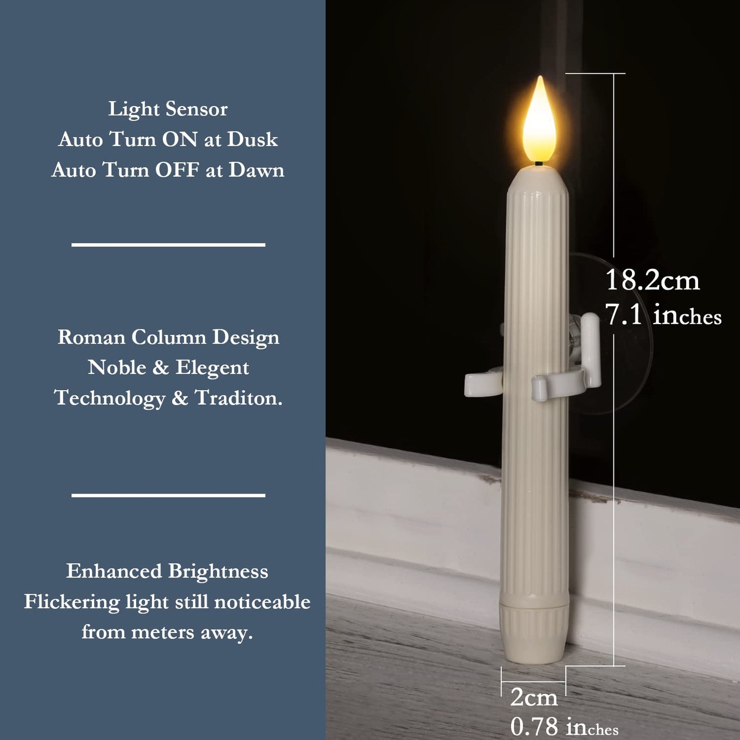 Homemory 6 Pcs Window Candles with Sensor Dusk to Dawn, Ivory Striped Candlesticks with Suction Cups, Roman Column Christmas Window Candle Battery Operated, Flameless Led Taper Candles for Windows