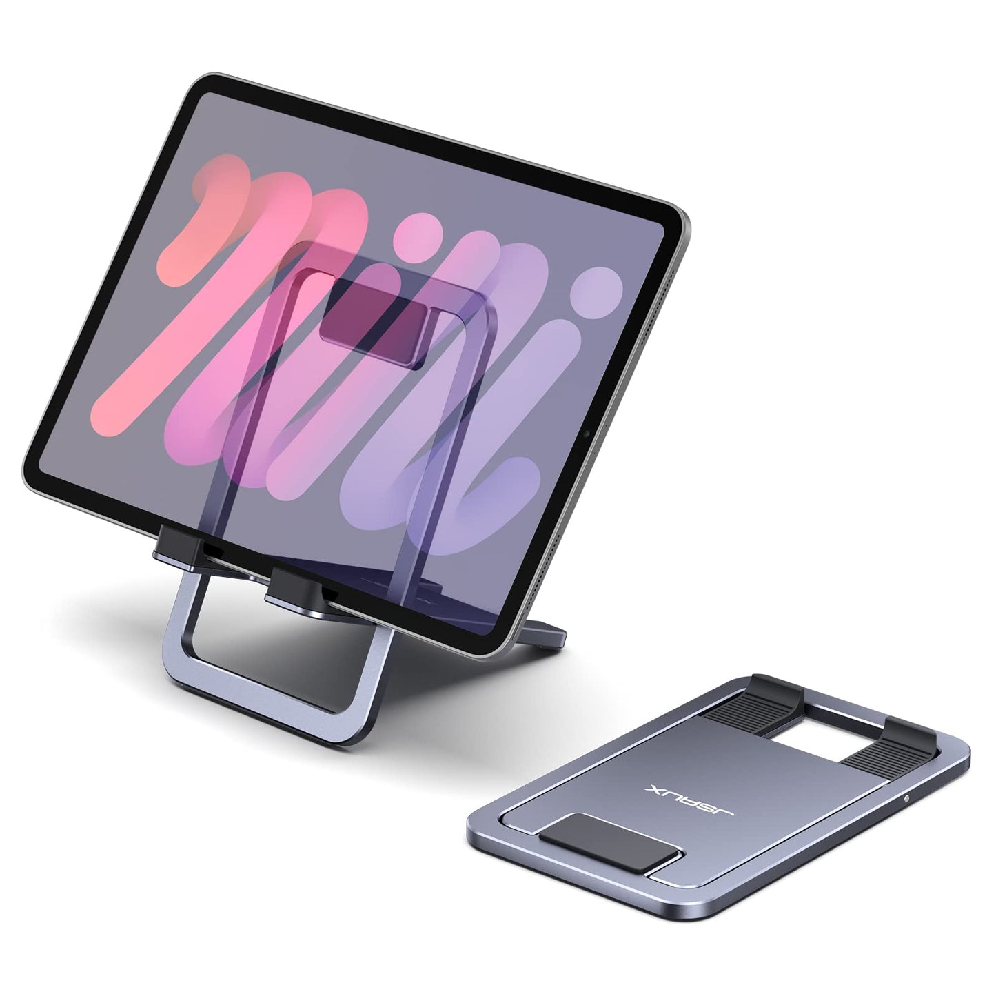 JSAUX Universal Tablet Stand, Portable Foldable Tablet Holder for Desk Compatible with iPad mini/Air, Samsung Galaxy Tab, Kindle Fire, Steam Deck, Switch 2, ROG Ally, iPhone and Other Tablets-Gray