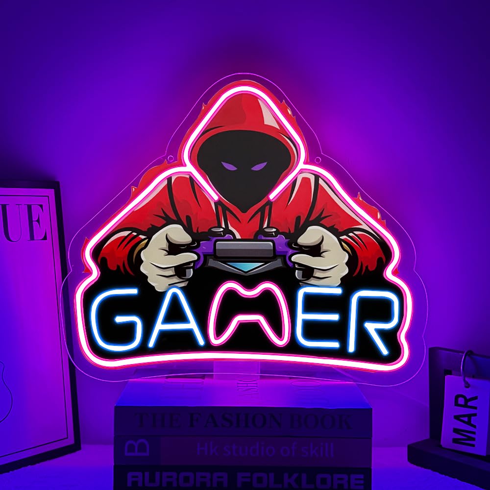 RuCvixkt Gamer Neon Sign for Game Room Decor, Gaming Neon Sign LED USB Power Neon Lights for Boys Bedroom, Man Cave, Gaming Wall Decor, Gifts for Teen Boys, Birthday Christmas