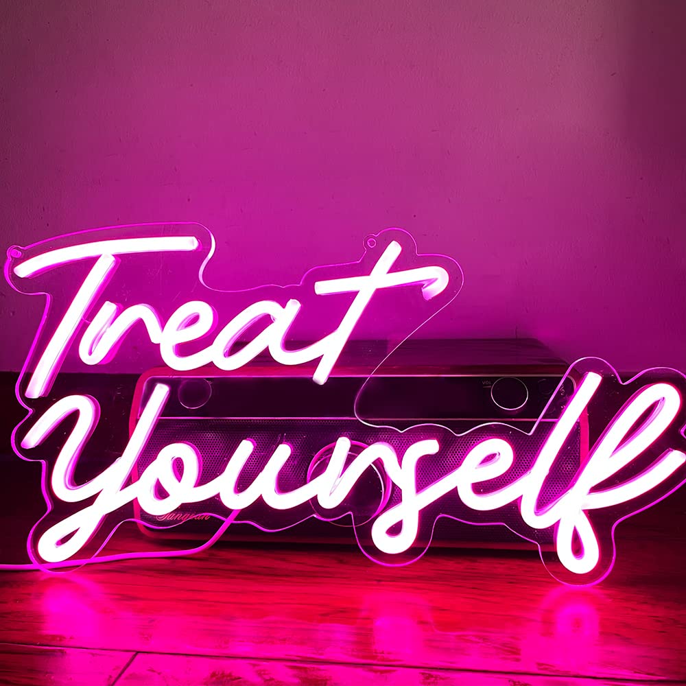 Treat Yourslef Neon Signs Pink LED Letter Neon Light Sign USB Power for Wall Decor Bedroom Wall Birthday Party Christmas Wedding Decoration(16.5 * 8.7)