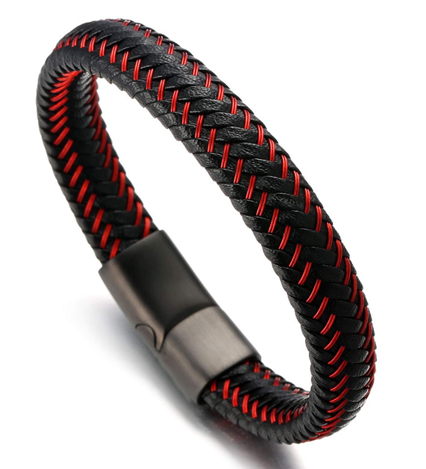 Halukakah ● Jazz ● Men's Genuine Black Leather Bracelet Black Titanium Magnetic Clasp 8.5" Free Giftbox (Maserati Red 8.5 inches)