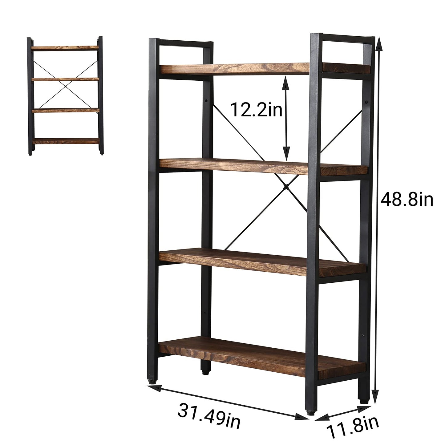 WH-AOERPUMY Solid Wood Bookshelf,4 Tier Rustic Vintage Industrial Etagere Bookcase, Open Metal and Wood Vintage Book Shelf, Retro Brown (RealWood)(4-Tier)