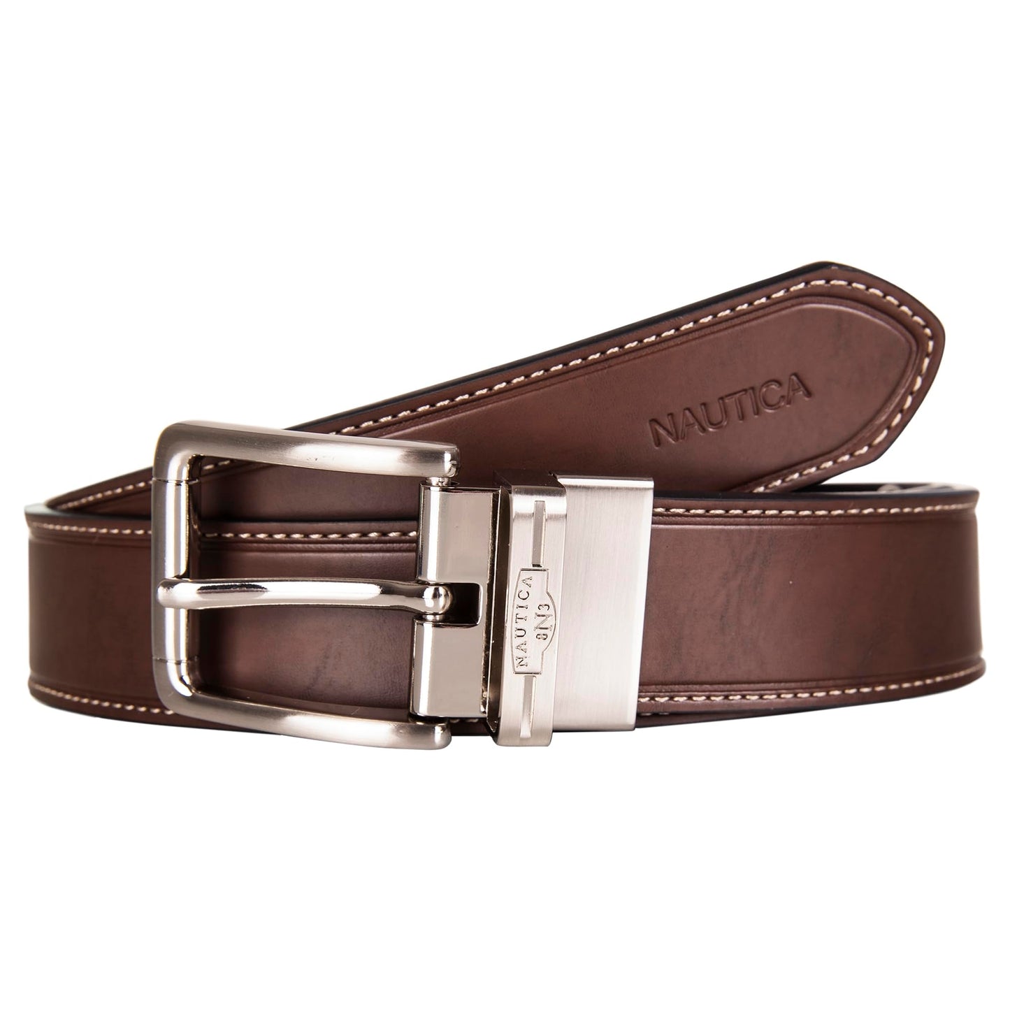 Nautica Mens Reversible Brown/Black Leather Belt | 2-in-1 | Classic | Everyday | Business | Work | Dress | Casual | Metal Buckle - 42"