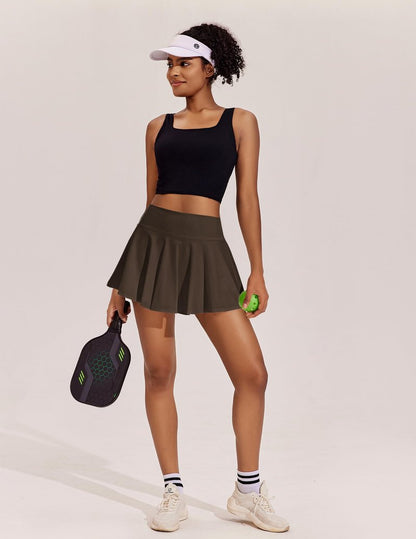 PINSPARK Tennis Skorts for Woman High Waisted Athletic Skirt with Shorts Underneath Pleated Pickleball Skirts, Espresso Brown Large