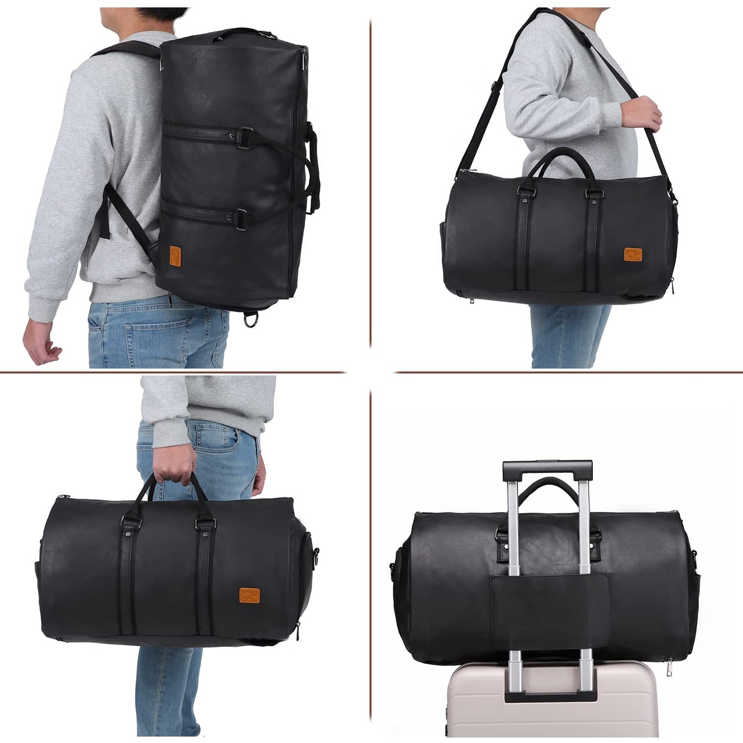 Carry On Garment Backpack, 3 in 1 Waterproof Mens Garment Bag for Travel Business, Leather Duffel Bag with Shoe Compartment -Black