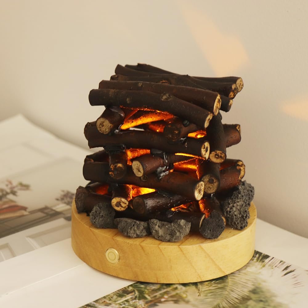 Zsiey Handmade Wooden Simulated Bonfire Lights, Desktop Decorative Halo Lights, Creative Log Bonfire Night Lights USB Charging flameless Candles Three Modes LED Flashing Breath Flame (Art Deco)