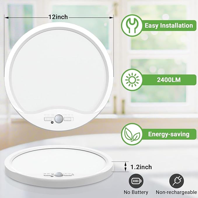zemty 12inch 24W Motion Sensor Ceiling Light Wired, 3 Sensing Modes Motion Activated Closet Lights Black, 3000K/4000K/6500K Waterproof LED Ceiling Lamp for Pantry Closet Shower Hallway-4Pack