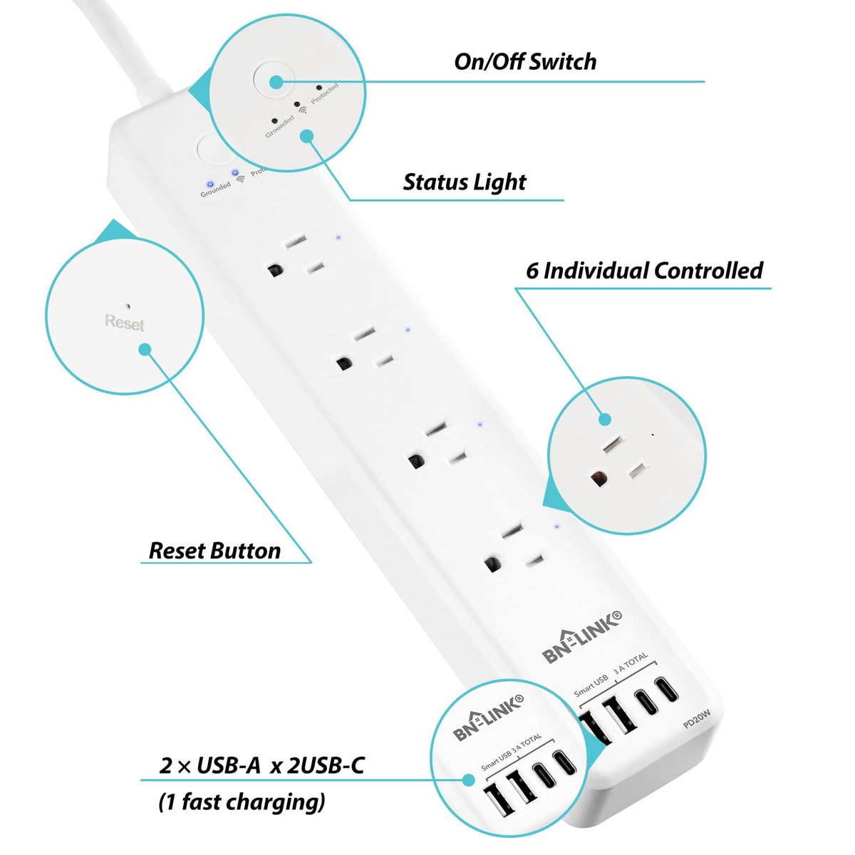 BN LINK Smart Plug Power Strip，Surge Protector with 6 Individually Controlled Smart Outlets, 4 USBs (incl. 20W USB-C), Compatible with Alexa and Google Home