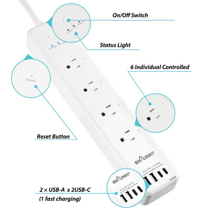 BN LINK Smart Plug Power Strip，Surge Protector with 6 Individually Controlled Smart Outlets, 4 USBs (incl. 20W USB-C), Compatible with Alexa and Google Home