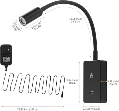 Touch Dimmable LED Wall Mount Bedside Spot Lamp, Black Flexible LED Wall Sconce Reading Light for Bedroom, 4 Brightness Levels (100%- 70%- 35%- 15%), Neutral White Lighting, 5V2A USB Output