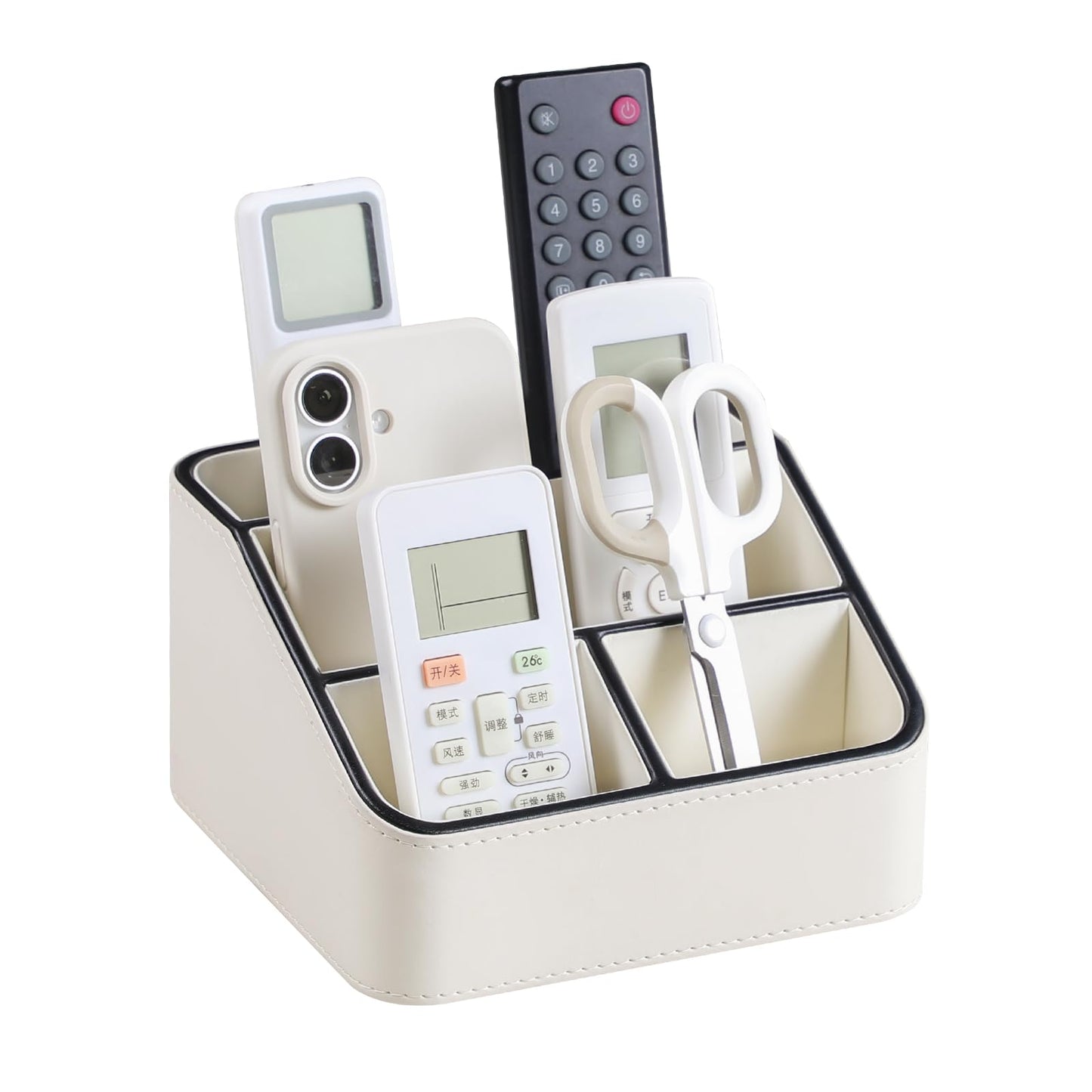 MEIBOOCH Remote Control Holder, PU Leather Small Desk Organizer with 4 Compartments, Nightstand Organizer Office Desk Accessories Desk Caddy for Countertop Bedside End Table (Cream)