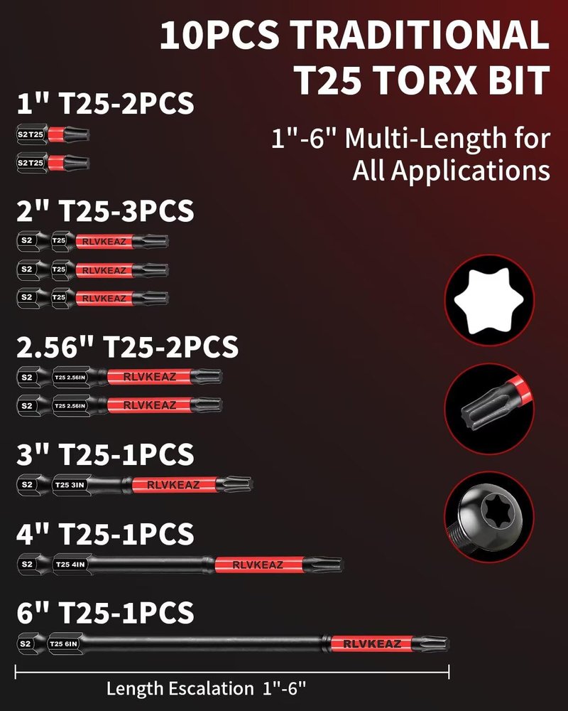 10-PCS T25 Torx Bits for Impact Driver, (1'' to 6'' Long) T-25 Star/Torx Bit Set, Premium Solid S2 Steel, Magnetic High-Torque, 1/4'' Hex-Shank for Auto Repair, Deck Building & DIY Projects