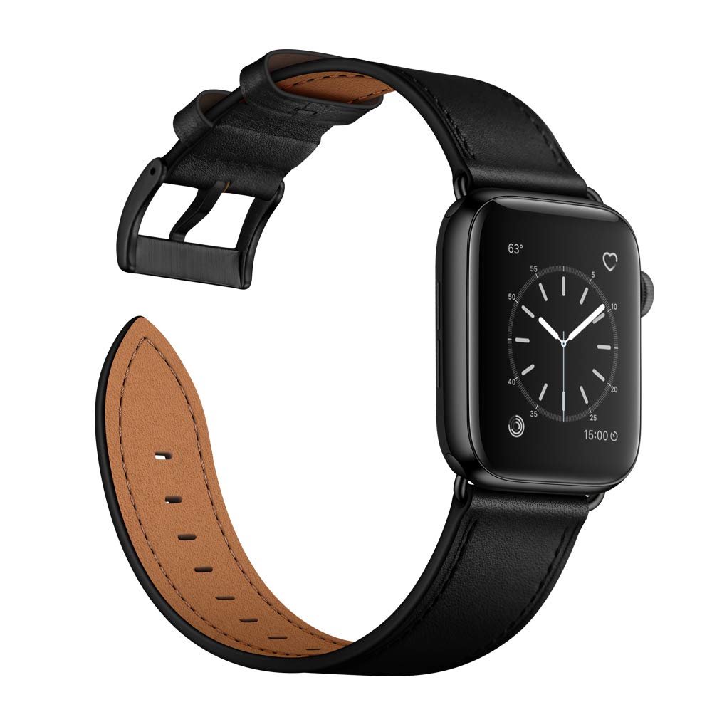 OUHENG Leather Bands Compatible with Apple Watch Band 49mm/46mm/45mm/44mm/42mm, Genuine Leather Strap Compatible with iWatch Ultra 3/2/1 & Series 11/10/9/8/7/6/5/4/3/2/1 & SE3 SE2 SE, Black/Black