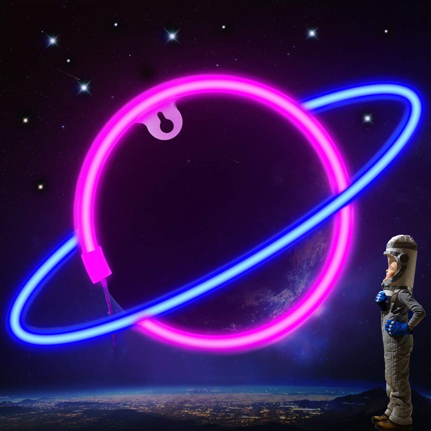 YouokLight planet neon signs for wall decor, LED neon light wall mount USB or battery powered planet light, aesthetic hanging Saturn, planet neon lights for bedroom, game room, pink and blue