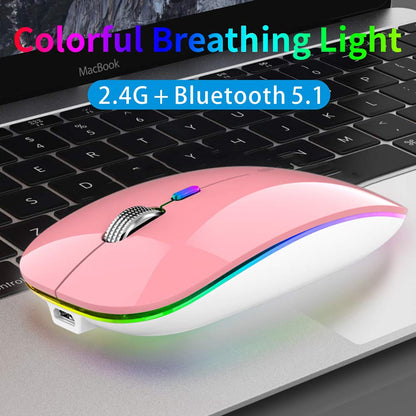 TENMOS Wireless Bluetooth Mouse, LED Slim (Bluetooth 5.1/5.0 + USB) 2.4GHz Rechargeable Silent Bluetooth Wireless Mouse with Type C Adapter for Laptop/MacBook/iPad OS 13 and Above (Matte Black)