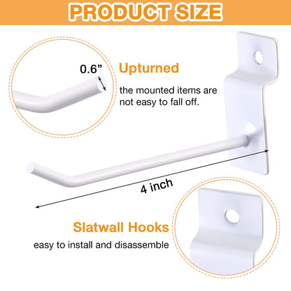 Moxweyeni 100 Pack Slatwall Hooks Slatwall Accessories Slat Wall Hanging Pegboard Hangers Slat Board Display Hooks for Retail Garage Organization Gridwall, White(4 Inch)