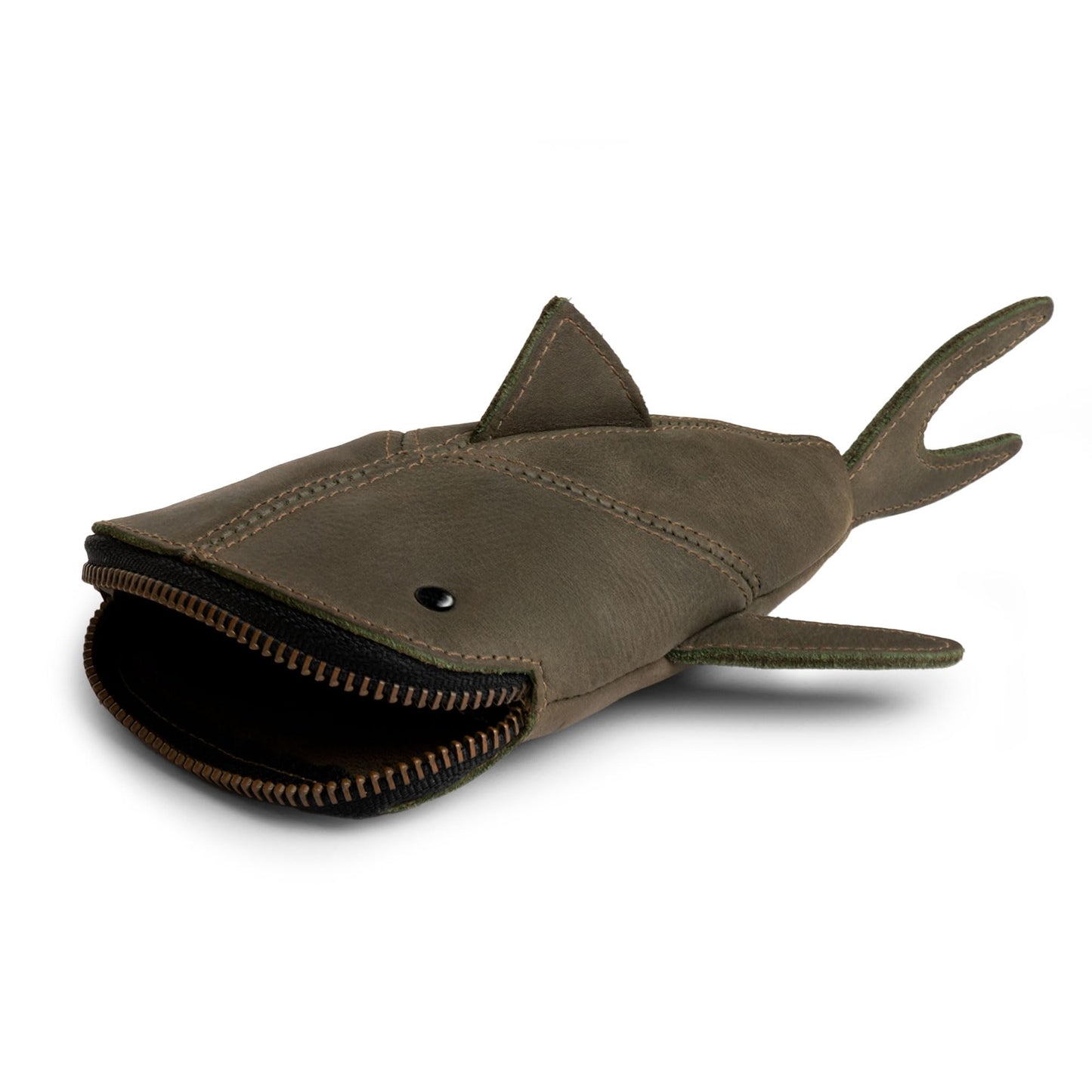 Hide & Drink, Full Grain Leather Zipper Coin Pouch, Change Bag, Pencil Purse, Scissors Case, Shark Shaped Cable Holder, Wallet, Makeup, Stuffed Animal, Handmade, Dark Jade