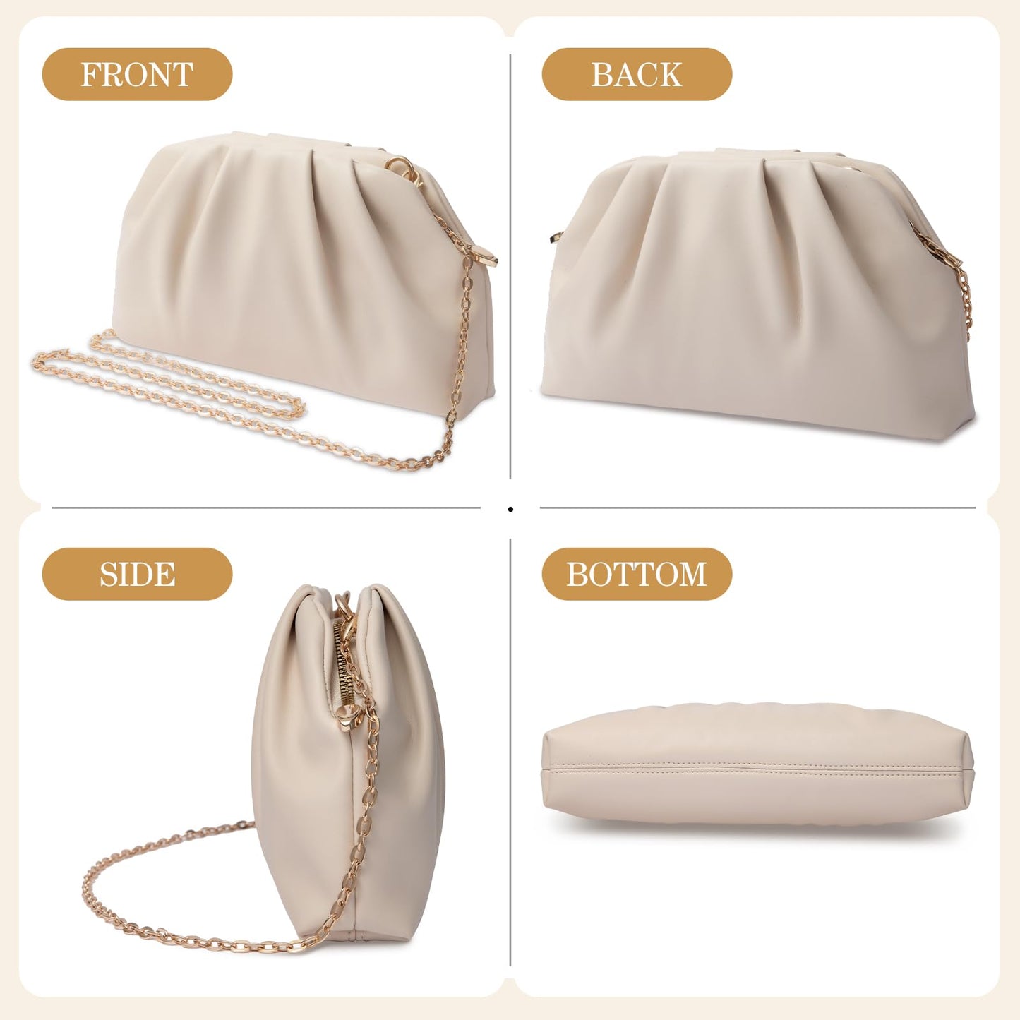 lovyoCoCo Clutch Purse for Women Soft Pleated PU Wedding Clutch, Elegant Evening Bag for Galas, Proms,Cocktail Parties (Beige)