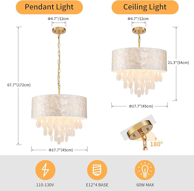 4-Lights Drum Capiz Shell Chandeliers, Coastal Style Pendant Light Fixture for Dining Room, Living Room, D18 x 21~68"(Adjustable Height), Shell Lampshade & Gold Finish