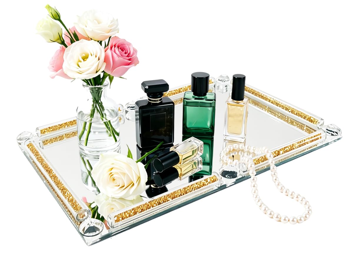 Gold Glass Tray, 11.8" x 7.9" Decorative Crystal Glass Cosmetic Perfume Display Tray for Gorgeous Dresser Countertop,Noble Jewelry Organizer with Diamond for Home Decor,Banquet Party