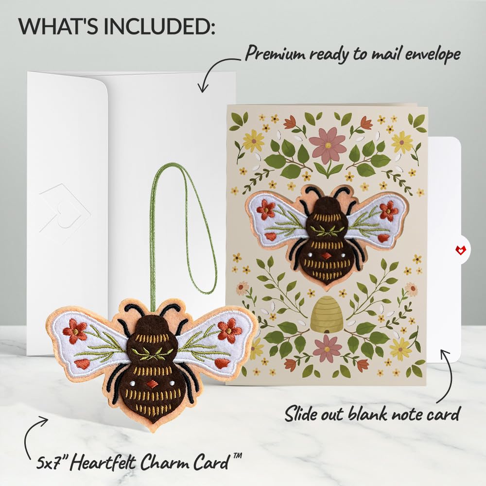 Lovepop Everyday Handmade Botanical Bee HeartFelt Charm Card | Soft Felt Keychain for Wallet, Handbag, Car Key | Ornaments, Bag Charms, Key Ring, Purse Accessories, Gift Toppers | 5" x 7" Card