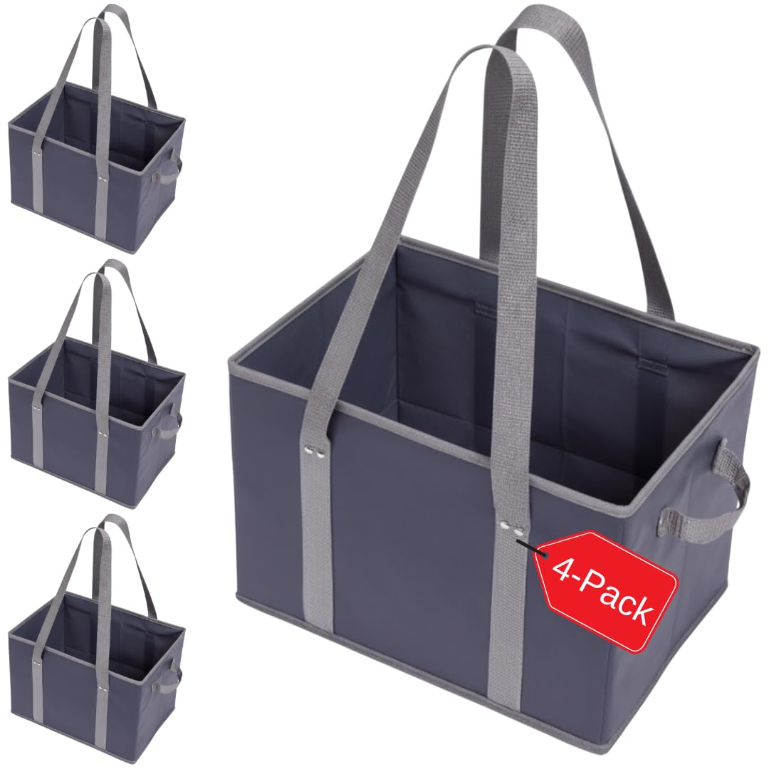 BAG-THAT! 4pk Reusable Grocery Bags Shopping Bags Tote Box Large Heavy Duty Groceries Bag Handles Foldable Reinforced Bottom (Navy Blue/Gray)