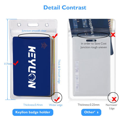 KEYLION 100 Pack ID Card Name Badge Holder, Heavy Duty Clear Transparent Plastic PVC Vertical Sleeve Pouch with Waterproof Type Resealable Zip