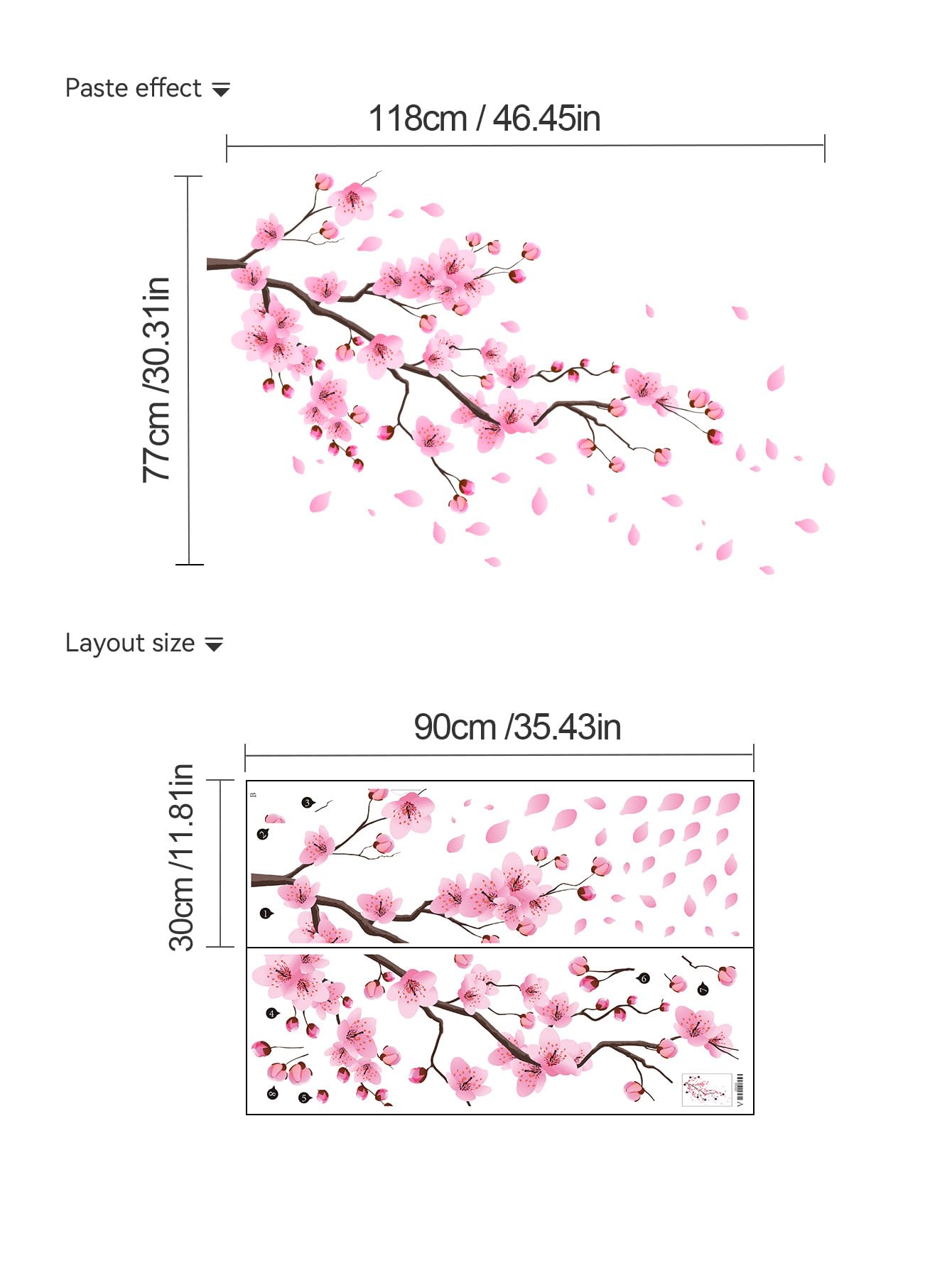 Cherry Blossom Wall Decals, Large Pink Floral Tree Branch with Birds Butterflies, Peel and Stick Removable Vinyl Wall Stickers for Living Room Bedroom Home Decor