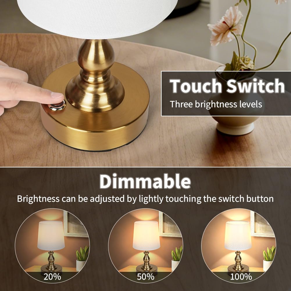 AUAUY Table Lamp for Bedroom, 5200mAh Battery Powered Touch Bedside Lamps, Rechargeable Desk Lamp Cordless, 3 Way Dimmable, Nightstand Lamps with Fabric Shade for Home Living Room Office Study, Gold