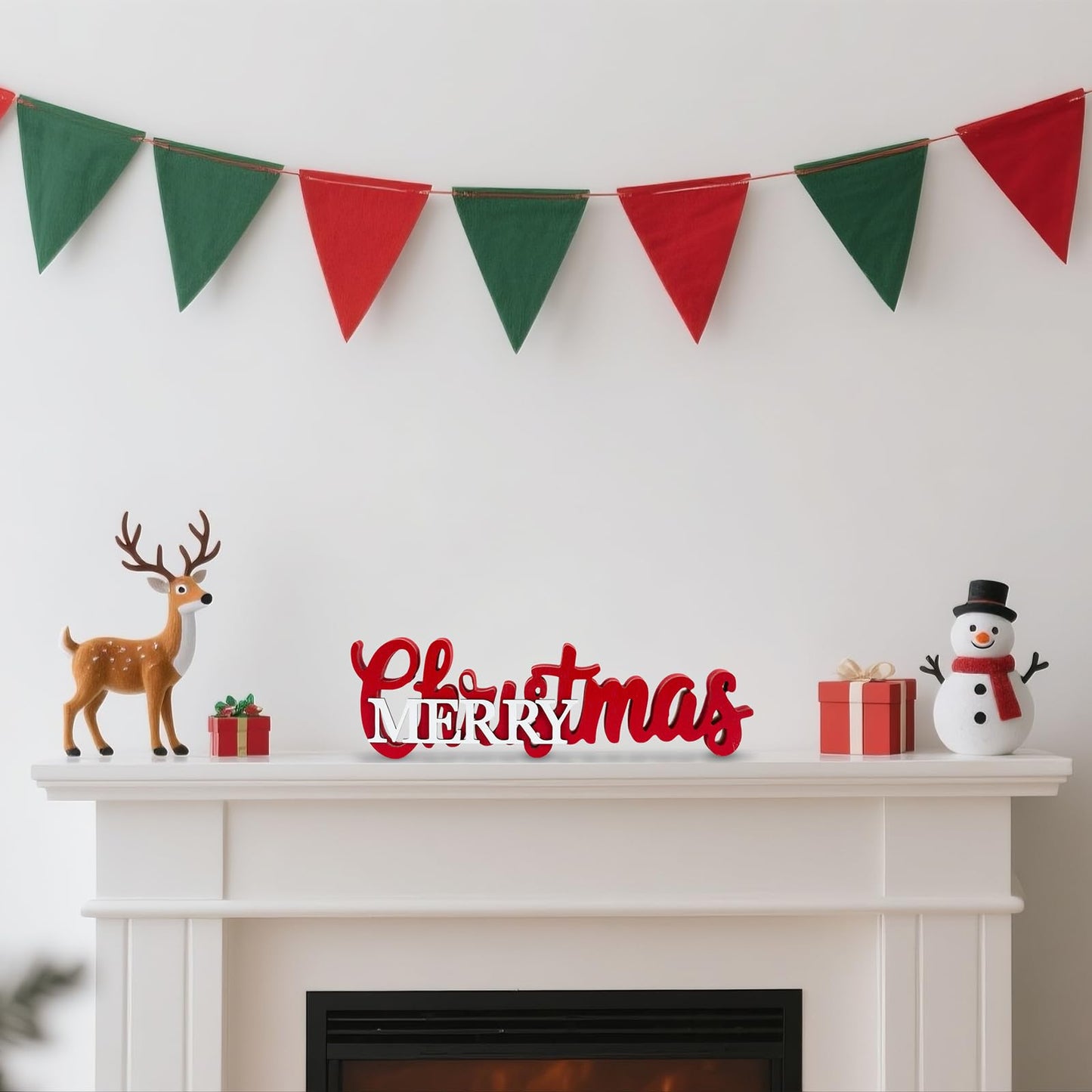 Christmas Centerpieces for Table - Wooden Merry Christmas Sign with Red & White Accents, Festive Tabletop and Mantel Decor for Dining Room, Shelf, Tray, Dinner Party Centerpiece