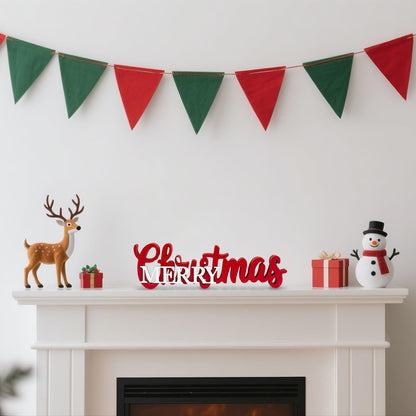 Christmas Centerpieces for Table - Wooden Merry Christmas Sign with Red & White Accents, Festive Tabletop and Mantel Decor for Dining Room, Shelf, Tray, Dinner Party Centerpiece
