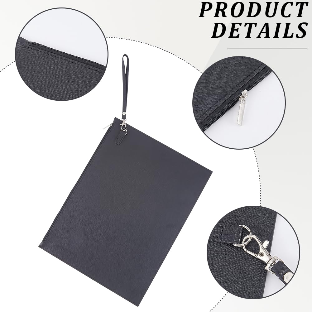 CALFOVERA A4 PU Leather File Holder with Removable Hand Strap Black Thin Document Folder Waterproof Portfolio Filing Zipper Pocket Oragnizer Bag Case for Receipt Contract Stationery Tablet