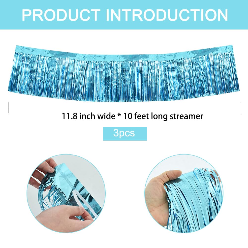 BEISHIDA 3 Packs Metallic Foil Fringe Garland Baby Blue Wall Hanging Tinsel Fringe Banners for Car Floats Bridal Shower Wedding Birthday Easter Graduation Holiday Party Decoration(30 Feet)
