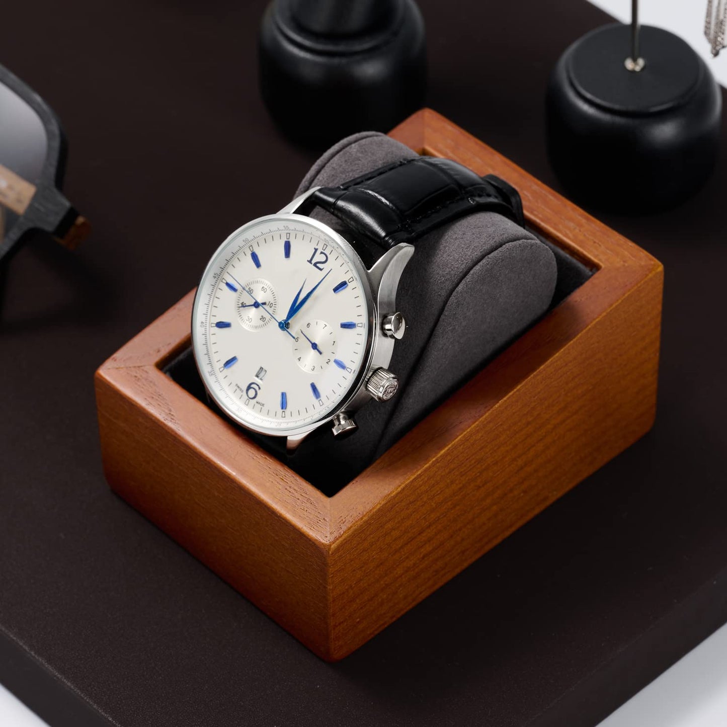 Papten Solid Wood Watch Box Holder Single Watch Travel Case for Men and Women With Microfiber Pillow (Grey)