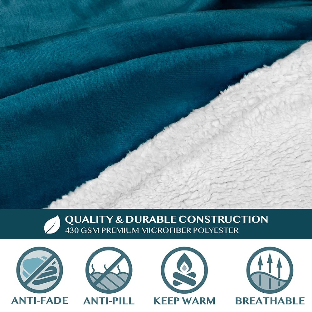 PAVILIA Sherpa Wearable Blanket with Sleeves and Pocket, Plush Thick Cozy Body Blanket Wrap for Adult Women Men, Christmas Gift for Wife Mom, Teal Blue