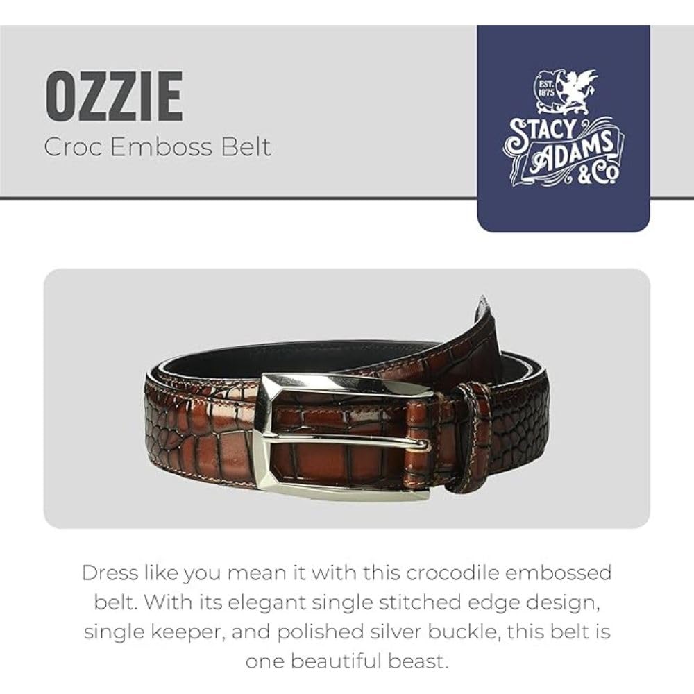 Stacy Adams Leather Dress Belt for Dickinson Oxford, Suits, Pants, Classic, Formal, Business, Work, Smooth Edge, Croco, Ozzie Croc Black, 36