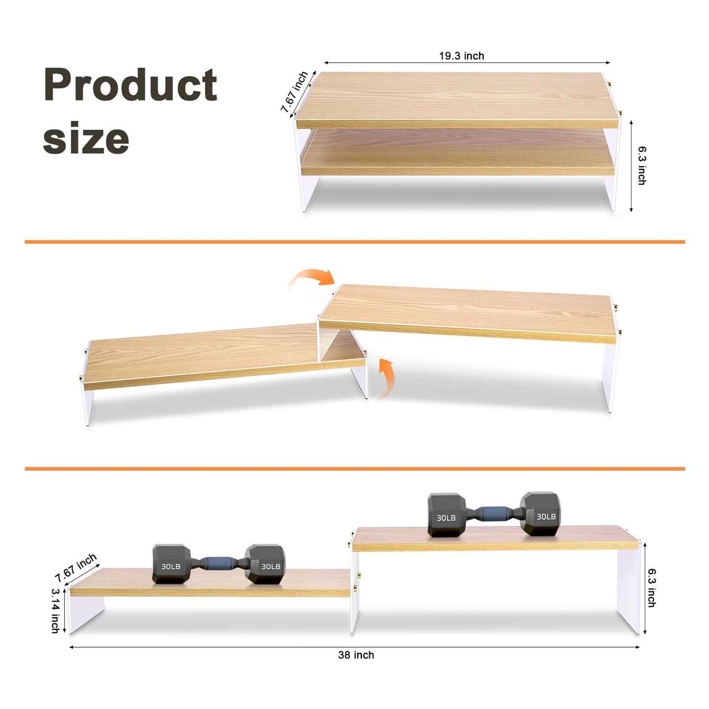 YGYQZ Adjustable Monitor Stand Riser with Acrylic Legs丨7.67" Wide Dual Monitor Stand for Desk丨2-Tier Wood Desktop Organizer for Computer, Laptop, Printer & PC丨Modern Aesthetic Desk Shelf(wood-flat)